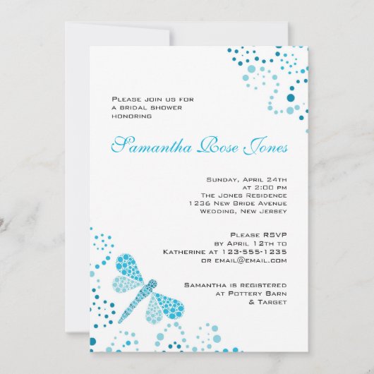 Invitation Fête de l'mariée Pointillisme de libellule bleu et (Devant)