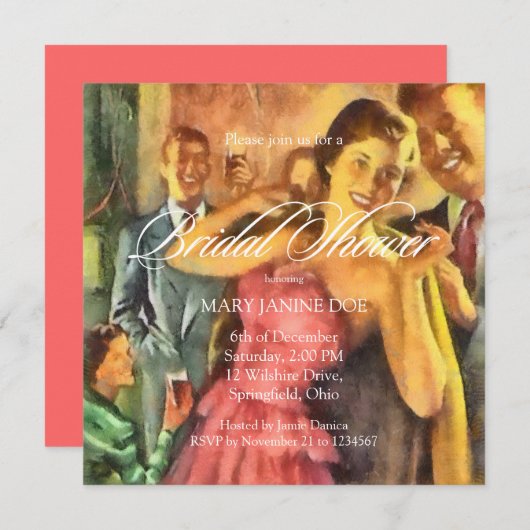 Invitation Fête de l'mariée rétro (Devant / Derrière)