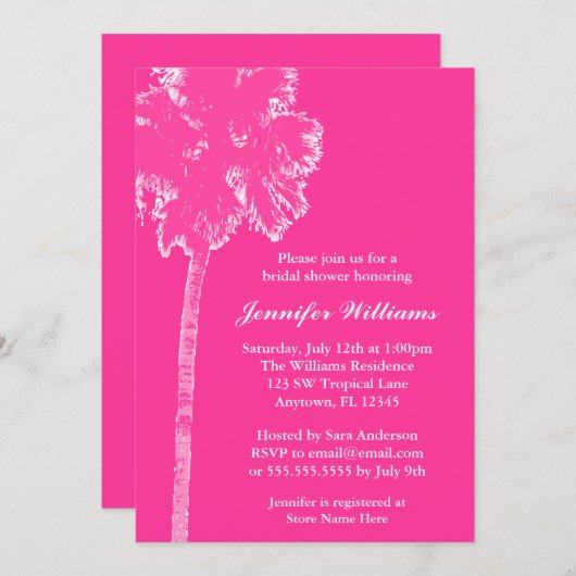 Invitation Fête de l'mariée rose-chaud Palm Tree moderne (Devant / Derrière)