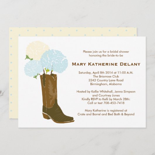 Invitation Fête de l'mariée Rustic Hydrangea Cowboy Boot Invi (Devant / Derrière)