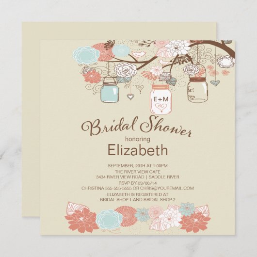 Invitation Fête de l'mariée rustique de Mason Jar (Devant / Derrière)
