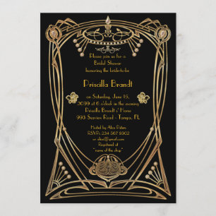 Invitation Fête de l'mariée, style Gatsby, noir & or, art déc