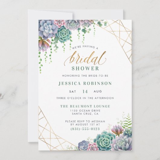 Invitation Fête de l'mariée Succulente et élégante de script  (Devant)