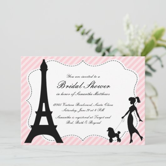 Invitation Fête de l'mariée Tour Eiffel & Poodle r (Debout devant)