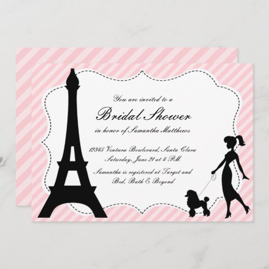 Invitation Fête de l'mariée Tour Eiffel & Poodle r (Devant / Derrière)