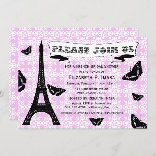 Invitation Fête de l'mariée Tour Eiffel rose et noir Invitati (Devant / Derrière)