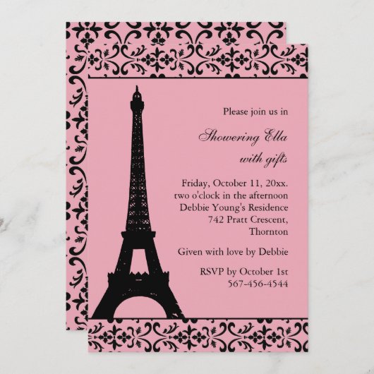 Invitation Fête de l'mariée Tres Paris (rose) (Devant / Derrière)