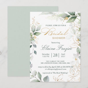 Invitation Fête de l'mariée vert et or feuilles d'aquarelle