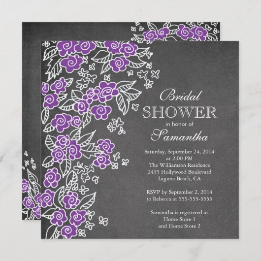 Invitation Fête de l'mariée violette moderne en tableau noir (Devant / Derrière)