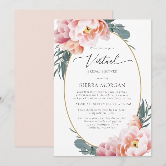 Invitation Fête de l'mariée virtuelle Blush Pink Floral Gold (Devant / Derrière)