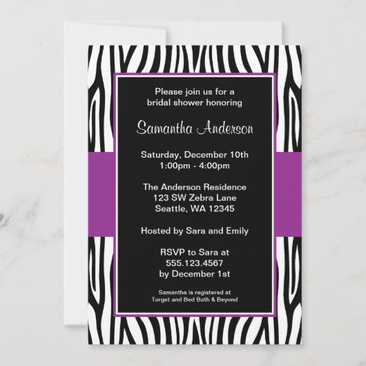 Invitation Fête de l'mariée Zèbre pourpre (Devant)