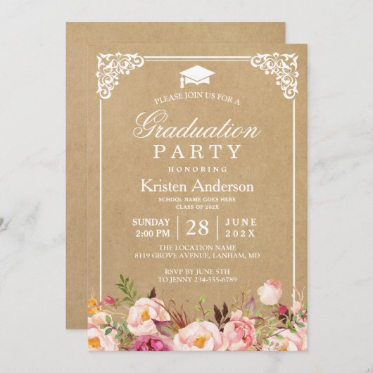 Invitation Fête de l'obtention du diplôme | Châssis Floral Ru (Devant / Derrière)