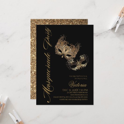 Invitation Fête de l'or moderne et de la mascarade noire (Devant/Arrière en situation)