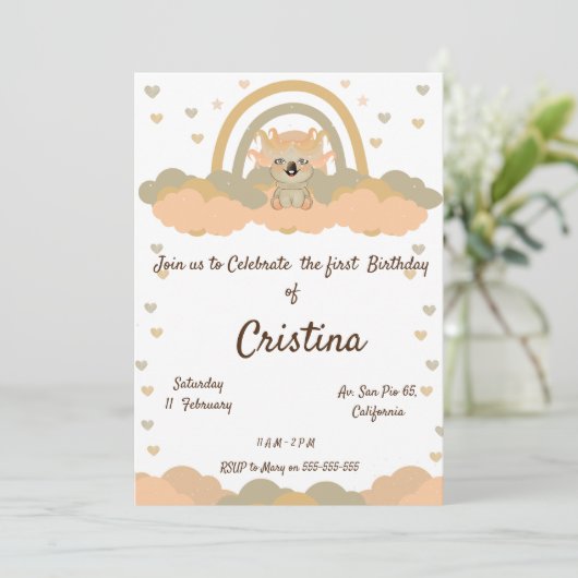 Invitation Fête de l'ours en koala arc-en-ciel de nuage magiq (Debout devant)