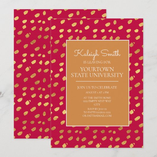 Invitation Fête de malle universitaire Moderne Or et Rouge (Devant / Derrière)