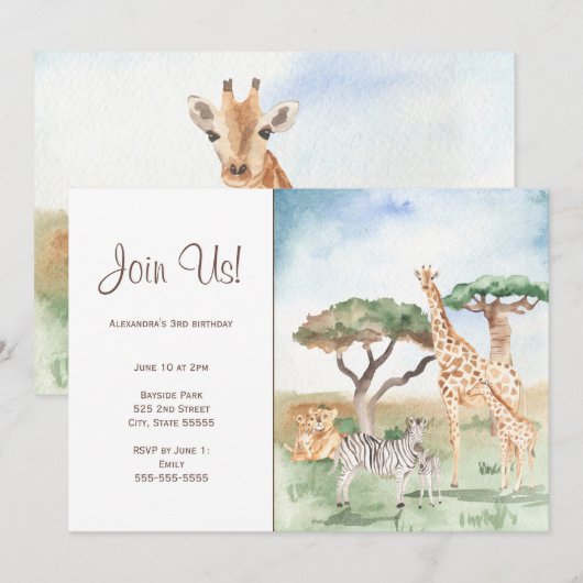 Invitation Fête de maman et bébé animaux africains aquarelle (Devant / Derrière)