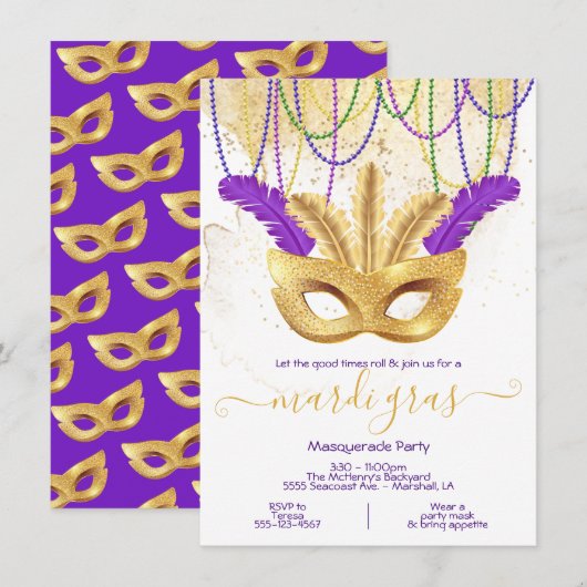 Invitation Fête de Mardi Gras Mascarade Or (Devant / Derrière)