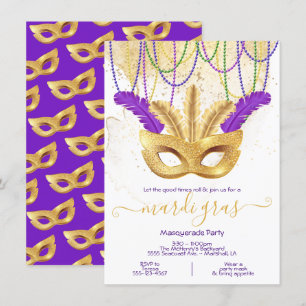 Invitation Fête de Mardi Gras Mascarade Or