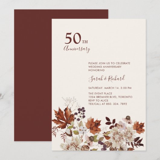 Invitation Fête de mariage anniversaire florale automnale rus (Devant / Derrière)