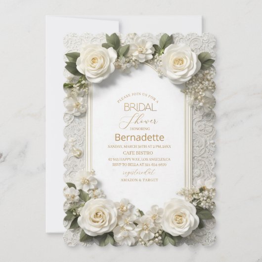 Invitation Fête de mariage aquarelle 3D fleurs blanches or (Devant)