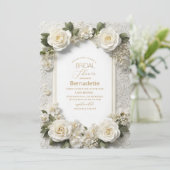 Invitation Fête de mariage aquarelle 3D fleurs blanches or (Debout devant)