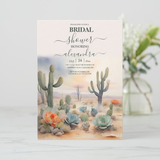 Invitation Fête de mariage aquarelle Désert de Cactus Mexicai (Debout devant)