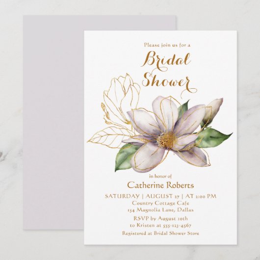 Invitation Fête de mariage aquarelle fleurs de magnolia viole (Devant / Derrière)