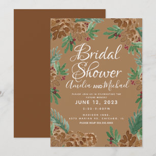 Invitation Fête de mariage aquarelle verdure cônes de pin bru