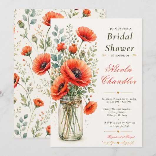 Invitation Fête de mariage aux fleurs de pavot (Devant / Derrière)
