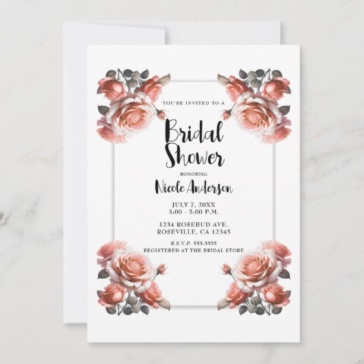 Invitation Fête de mariage aux roses pêche corail délicates (Devant)