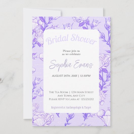 Invitation Fête de mariage avec bordure florale violette et b (Devant)