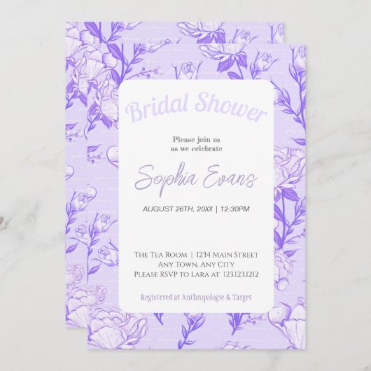 Invitation Fête de mariage avec bordure florale violette et b (Devant / Derrière)