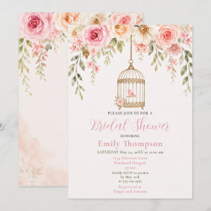 Invitation Fête de mariage avec cage à oiseaux florale rose