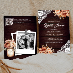 Invitation Fête de mariage avec code QR photo florale en bois
