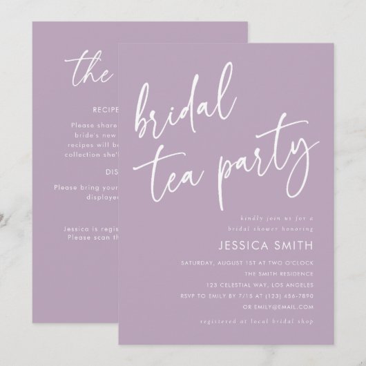 Invitation Fête de mariage avec code QR violet Tea Party (Devant / Derrière)