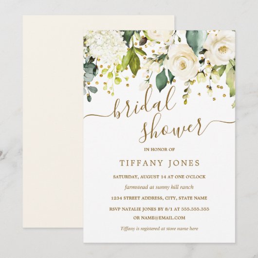 Invitation Fête de mariage avec confettis dorés et fleurs bla (Devant / Derrière)