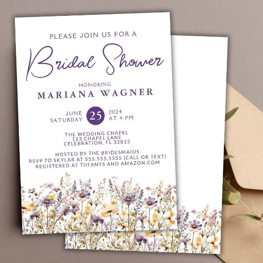 Invitation Fête de mariage avec des fleurs sauvages violettes