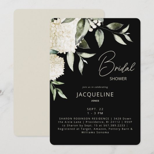 Invitation Fête de mariage avec des Hydrangeas noires et crèm (Devant / Derrière)