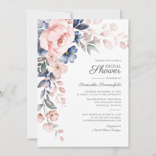 Invitation Fête de mariage avec fleurs roses aquarelle script (Devant)