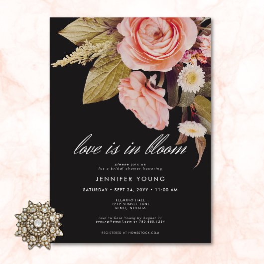 Invitation Fête de mariage Black Moody Pink Love Is In Bloom