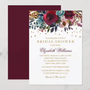 Invitation Fête de mariage Burgundy pailleté à motif floral