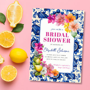 Invitation Fête de mariage Carrelage Bleu Floral Citron