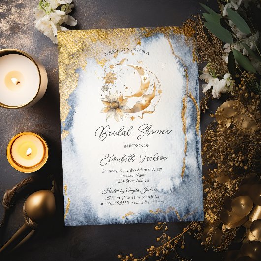 Invitation Fête de mariage Céleste Fleur Lune Or