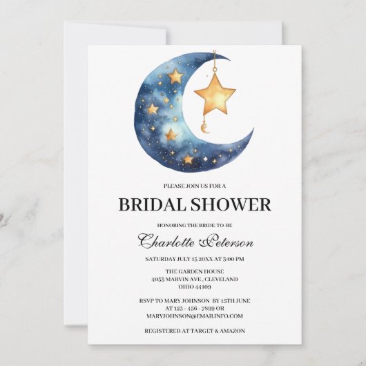 Invitation Fête de mariage Céleste Lune Étoile (Devant)