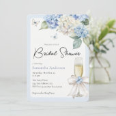 Invitation Fête de mariage Champagné et Hydrangea Bleu (Debout devant)