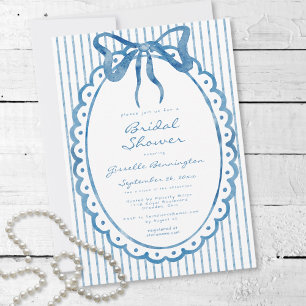 Invitation Fête de mariage champêtre bleu à rayures avec nœud