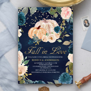 Invitation Fête de mariage champêtre Fleur Pêche Or Bleu Mari