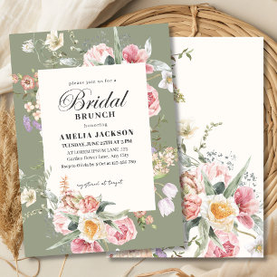 Invitation Fête de mariage champêtre fleurs vert sauge printe