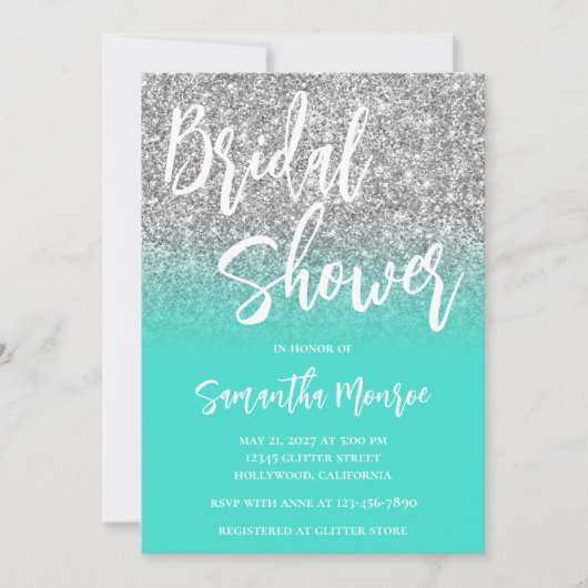 Invitation Fête de mariage code QR turquoise paillettes argen (Devant)