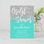 Invitation Fête de mariage code QR turquoise paillettes argen (Debout devant)